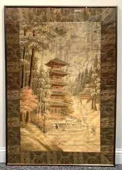 Framed Japanese Embroidery Textile Panel Pagoda Scenery - 2426095