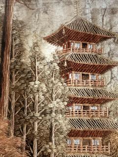 Framed Japanese Embroidery Textile Panel Pagoda Scenery - 2426098