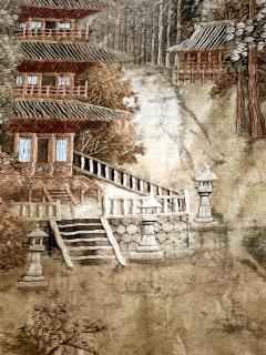 Framed Japanese Embroidery Textile Panel Pagoda Scenery - 2426099