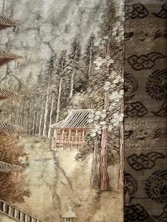 Framed Japanese Embroidery Textile Panel Pagoda Scenery - 2426103