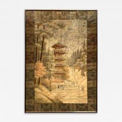 Framed Japanese Embroidery Textile Panel Pagoda Scenery - 2426127