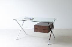 Franco Albini Center desk with dark wood drawers polished steel square tube leg - 3891641