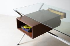 Franco Albini Center desk with dark wood drawers polished steel square tube leg - 3891651