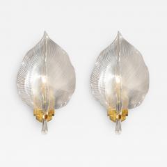 Franco Luce Pair of Mid Century Hand Blown Murano Glass Striated Leaf Sconces by Franco Luce - 3755578