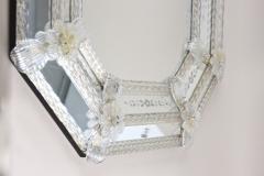 Fratelli Barbini Octagonal Murano Glass Mirror With Engravings Glass Flowers Signed IT 1970s - 3373244