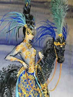 Freddy Wittop Show Girl with Fantasy Horse Fashion Illustration in Blue and Black - 2553280