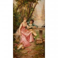 Frederic Soulacroix Antique French oil painting of a romantic courting scene by Frederic Soulacroix - 4448601