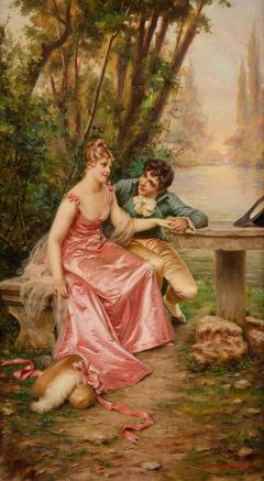 Frederic Soulacroix Antique French oil painting of a romantic courting scene by Frederic Soulacroix - 4448682
