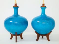 Frederick G Cooper Fabulous Pair of Mid Century Lamps With A Cerulean Blue Crackle Glaze  - 1090402