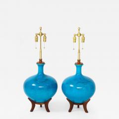 Frederick G Cooper Fabulous Pair of Mid Century Lamps With A Cerulean Blue Crackle Glaze  - 1091098