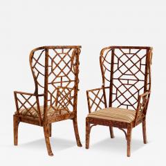 Frederick Victoria Monumental Pair of Faux Tortoise Chinese Chippendale Style Arm Chairs - 4332689