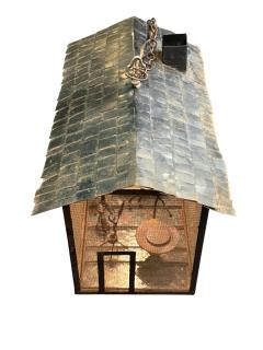 Frederick Weinberg MID CENTURY CABIN METAL DIORAMA OF A MAN WOMAN CHILD CAT ILLUMINATED LANTERN - 4647971