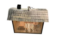 Frederick Weinberg MID CENTURY CABIN METAL DIORAMA OF A MAN WOMAN CHILD CAT ILLUMINATED LANTERN - 4647972