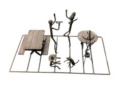 Frederick Weinberg MID CENTURY CABIN METAL DIORAMA OF A MAN WOMAN CHILD CAT ILLUMINATED LANTERN - 4647975