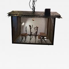 Frederick Weinberg MID CENTURY CABIN METAL DIORAMA OF A MAN WOMAN CHILD CAT ILLUMINATED LANTERN - 4648620