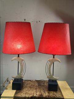 Frederick Weinberg MID CENTURY PLASTER BRASS ABSTRACT SCULPTURAL LAMPS WITH ORIGINAL RED SHADES - 4140617