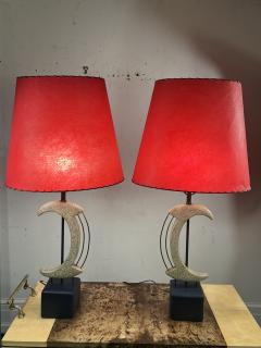 Frederick Weinberg MID CENTURY PLASTER BRASS ABSTRACT SCULPTURAL LAMPS WITH ORIGINAL RED SHADES - 4140619