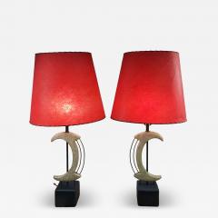 Frederick Weinberg MID CENTURY PLASTER BRASS ABSTRACT SCULPTURAL LAMPS WITH ORIGINAL RED SHADES - 4142938