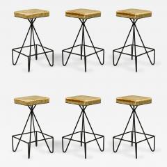 Frederick Weinberg Set of 6 Frederick Weinberg Wrought Iron Hairpin Leg Swivel Seat Bar Stools - 4307159