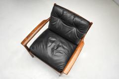 Fredrik Kayser Pair of Leather and Wood Armchairs by Fredrik Kayser Attr Norway ca 1960s - 4317825
