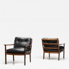 Fredrik Kayser Pair of Leather and Wood Armchairs by Fredrik Kayser Attr Norway ca 1960s - 4325633