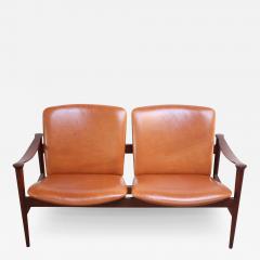 Fredrik Kayser Vintage Norwegian Modern Loveseat in Leather and Teak by Fredrik Kayser - 3494488