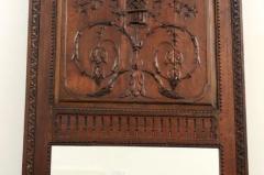 French 1750s Oak Trumeau Mirror with Large Carved Rinceaux and Floral Bouquet - 3441676