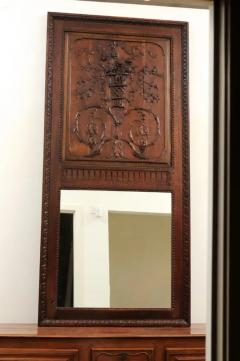 French 1750s Oak Trumeau Mirror with Large Carved Rinceaux and Floral Bouquet - 3441683