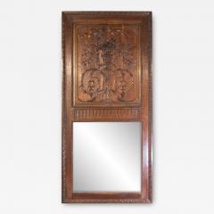 French 1750s Oak Trumeau Mirror with Large Carved Rinceaux and Floral Bouquet - 3709374