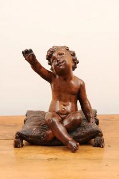 French 1780s Baroque Style Walnut Sculpture of a Putto Sitting on a Pillow - 3461653