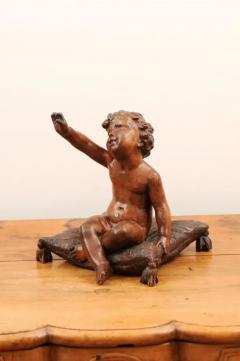 French 1780s Baroque Style Walnut Sculpture of a Putto Sitting on a Pillow - 3461824