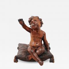 French 1780s Baroque Style Walnut Sculpture of a Putto Sitting on a Pillow - 3467397