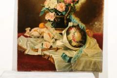 French 1790s Oil on Canvas Painting with Floral Bouquet Fruits and Embroidery - 3491256