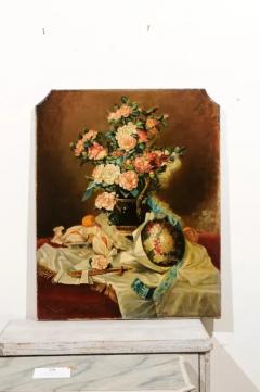 French 1790s Oil on Canvas Painting with Floral Bouquet Fruits and Embroidery - 3491265