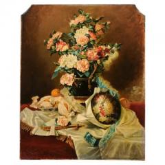 French 1790s Oil on Canvas Painting with Floral Bouquet Fruits and Embroidery - 3491486