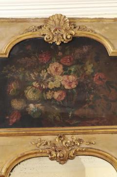French 1790s Painted Trumeau Mirror with Original Oil on Canvas Floral Painting - 3451206