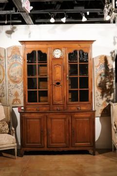 French 1800s Cherry Buffet Deux Corps with Glass Doors Clock and Drawers - 3491363