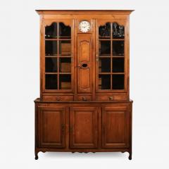 French 1800s Cherry Buffet Deux Corps with Glass Doors Clock and Drawers - 3493315