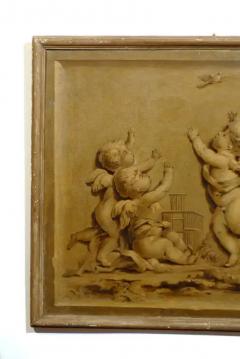 French 1820s Horizontal Grisaille Painting Depicting Cherubs Chasing a Bird - 3415119