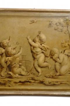 French 1820s Horizontal Grisaille Painting Depicting Cherubs Chasing a Bird - 3415121