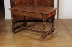 French 1850s Louis XIII Style Cherry Table with Lateral Drawer and Turned Legs - 3432788