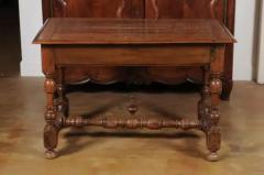 French 1850s Louis XIII Style Cherry Table with Lateral Drawer and Turned Legs - 3432807