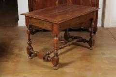 French 1850s Louis XIII Style Cherry Table with Lateral Drawer and Turned Legs - 3432914