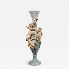 French 1870s Slender Majolica Vase with Floral D cor and High Relief Cherubs - 3431420