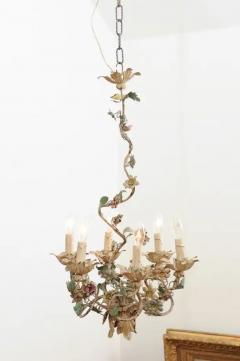 French 1880s Belle poque Painted T le Six Light Chandelier with Petite Flowers - 3485345
