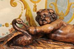 French 1880s Carved Walnut Putto Feeding a Swan Sculpted Group on Marble Base - 3485444