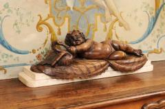 French 1880s Carved Walnut Putto Feeding a Swan Sculpted Group on Marble Base - 3485446