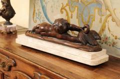 French 1880s Carved Walnut Putto Feeding a Swan Sculpted Group on Marble Base - 3485461
