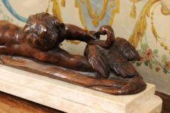 French 1880s Carved Walnut Putto Feeding a Swan Sculpted Group on Marble Base - 3485469