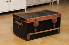 French 1890s Brown and Black Travel Trunk with Leather Straps and Aged Patina - 3491501